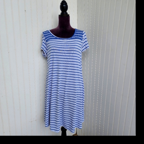 Cupio Women's Blue White Striped Short Sleeve Keyhole Back Stretch Dress Sz M - Picture 1 of 11